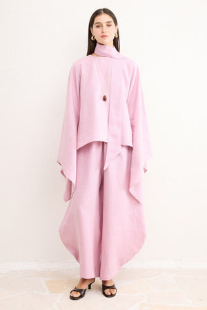 Relaxed Fit Linen Poncho Blouse with Wide Sleeves — Pembe