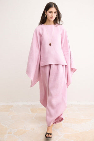 Relaxed Fit Linen Poncho Blouse with Wide Sleeves — Pembe