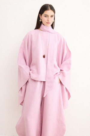 Relaxed Fit Linen Poncho Blouse with Wide Sleeves — Pembe
