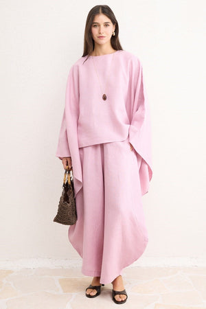 Relaxed Fit Linen Poncho Blouse with Wide Sleeves — Pembe