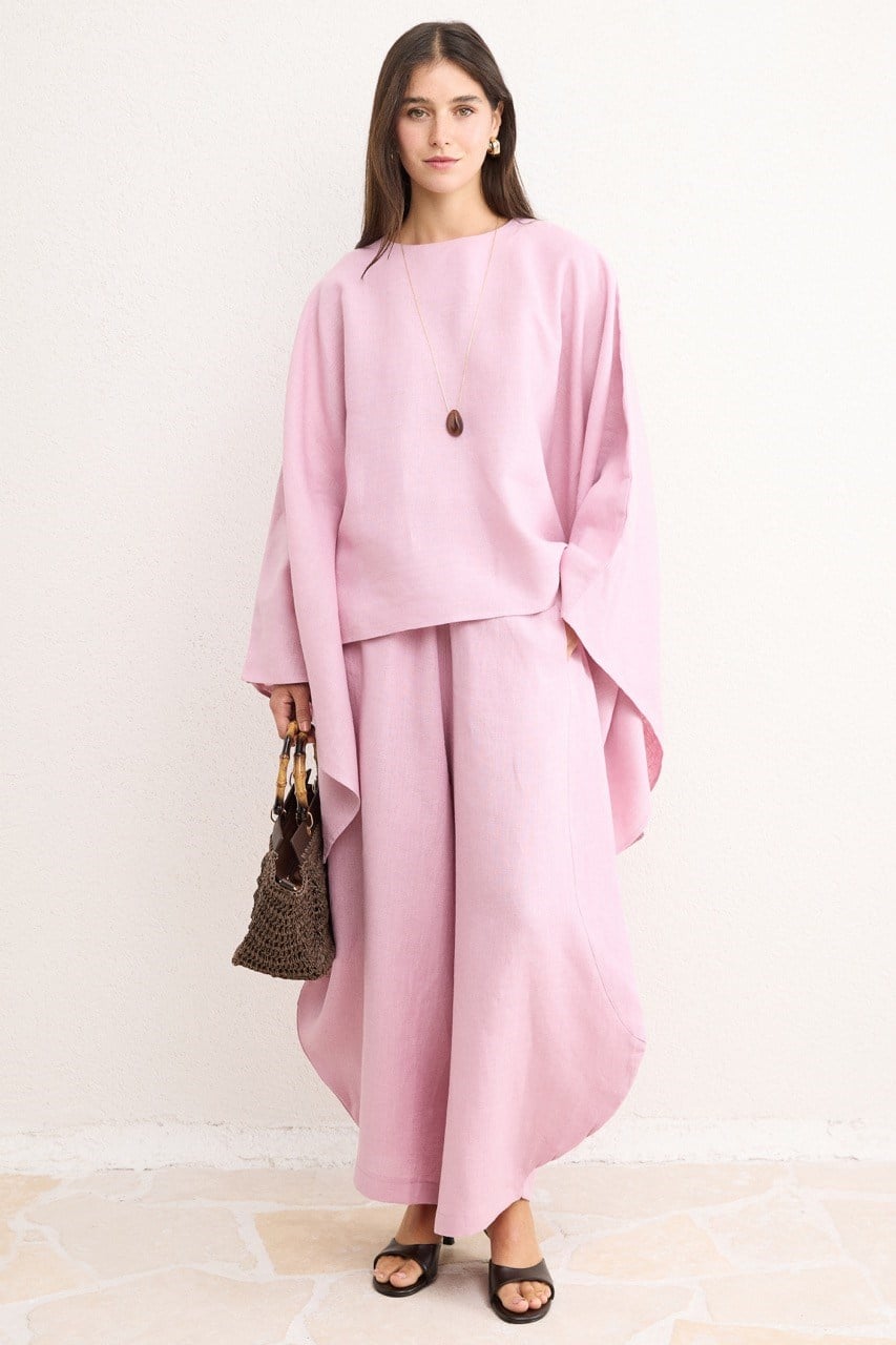 Relaxed Fit Linen Poncho Blouse with Wide Sleeves — Pembe