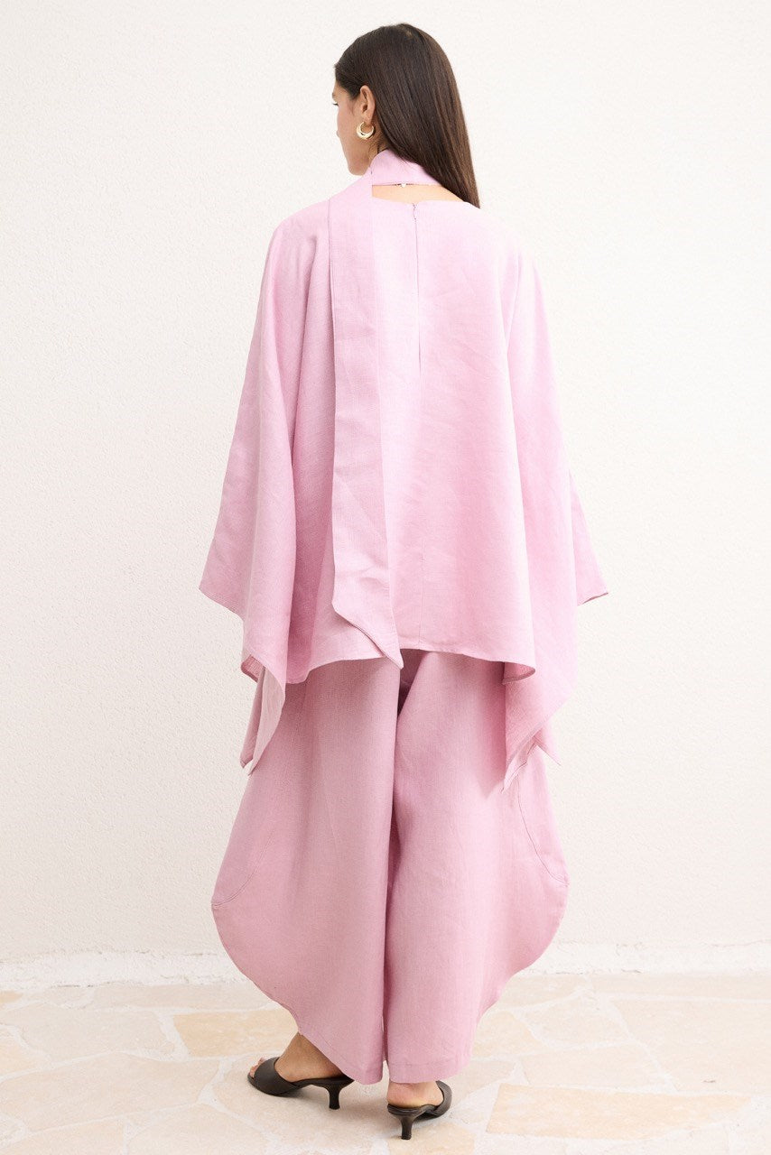 Relaxed Fit Linen Poncho Blouse with Wide Sleeves — Pembe