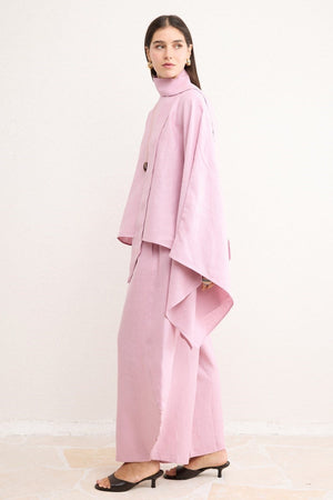 Relaxed Fit Linen Poncho Blouse with Wide Sleeves — Pembe
