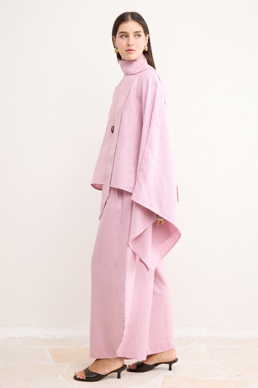 Relaxed Fit Linen Poncho Blouse with Wide Sleeves — Pembe