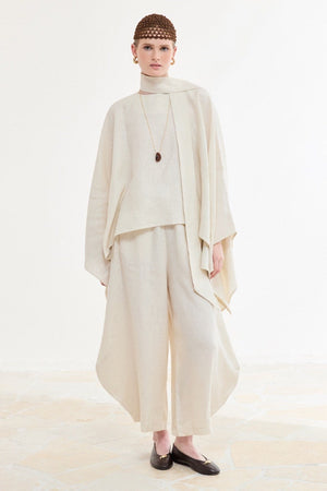 Relaxed Fit Linen Poncho Blouse with Wide Sleeves — Ekru