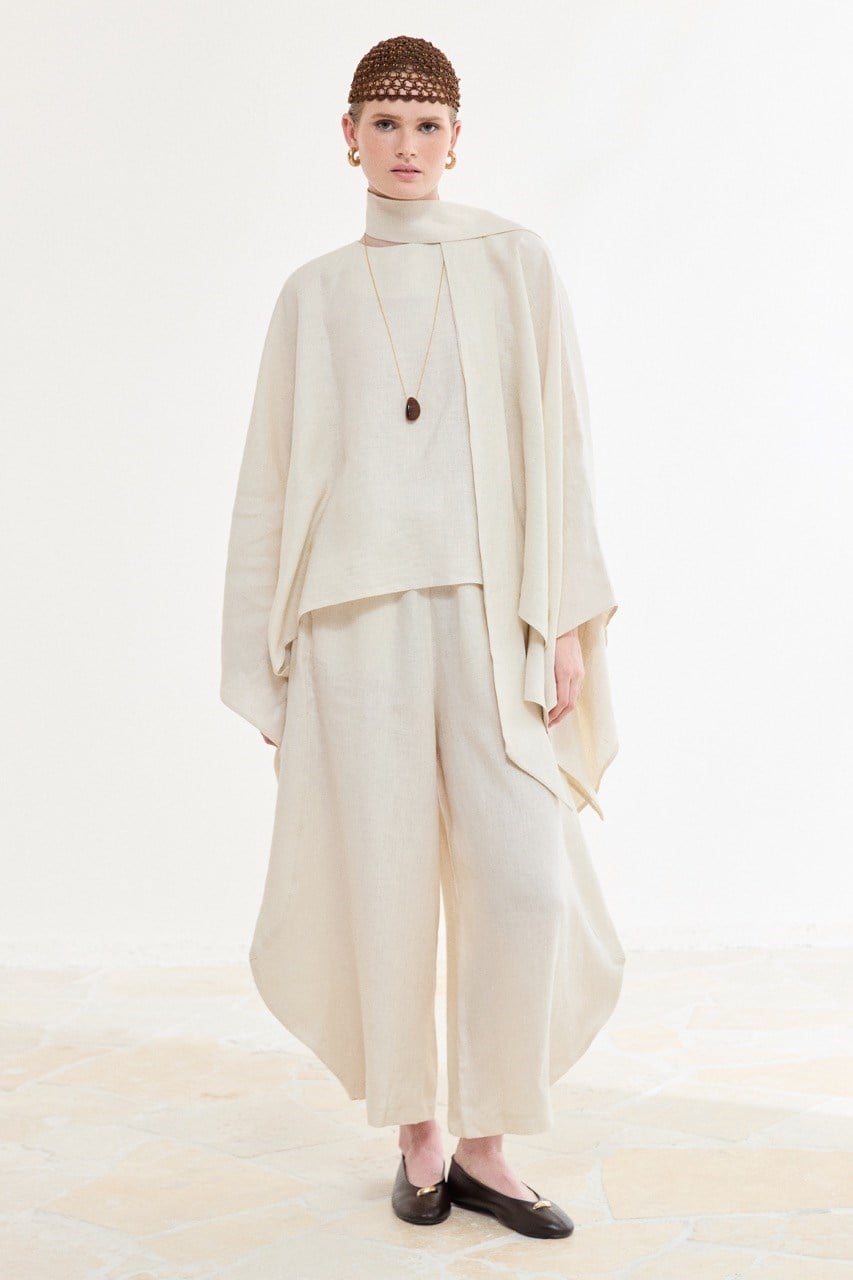 Relaxed Fit Linen Poncho Blouse with Wide Sleeves — Ekru