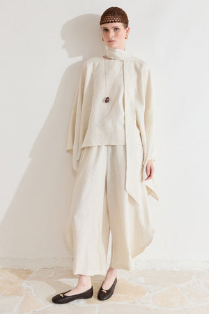 Relaxed Fit Linen Poncho Blouse with Wide Sleeves — Ekru