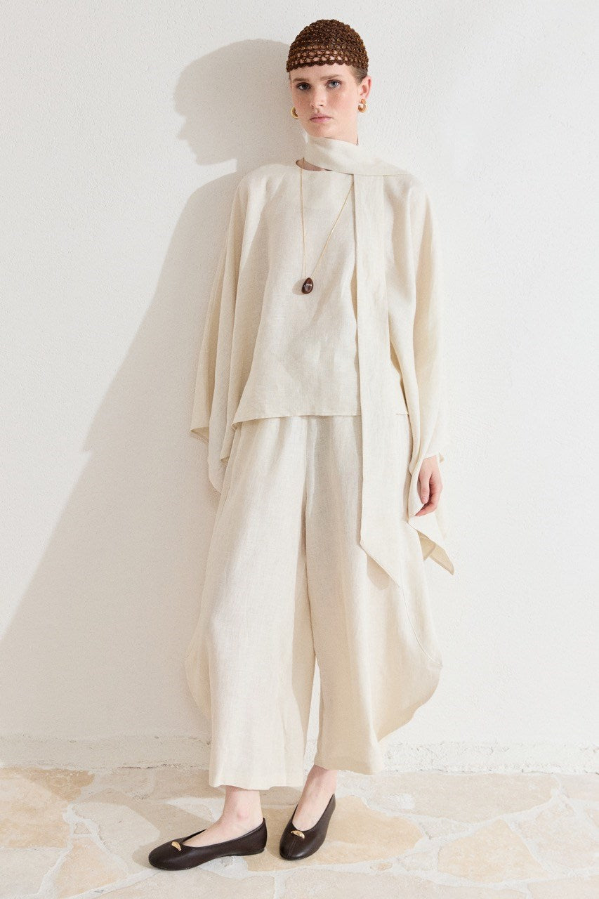 Relaxed Fit Linen Poncho Blouse with Wide Sleeves — Ekru
