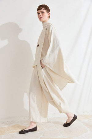 Relaxed Fit Linen Poncho Blouse with Wide Sleeves — Ekru