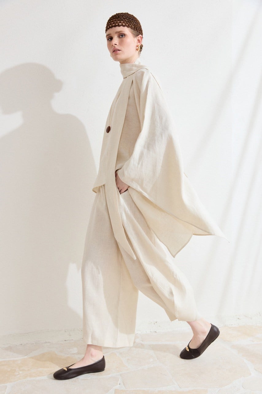Relaxed Fit Linen Poncho Blouse with Wide Sleeves — Ekru