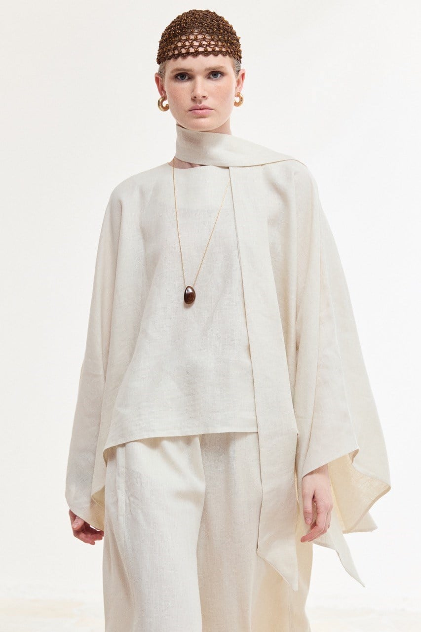 Relaxed Fit Linen Poncho Blouse with Wide Sleeves — Ekru