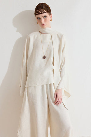 Relaxed Fit Linen Poncho Blouse with Wide Sleeves — Ekru
