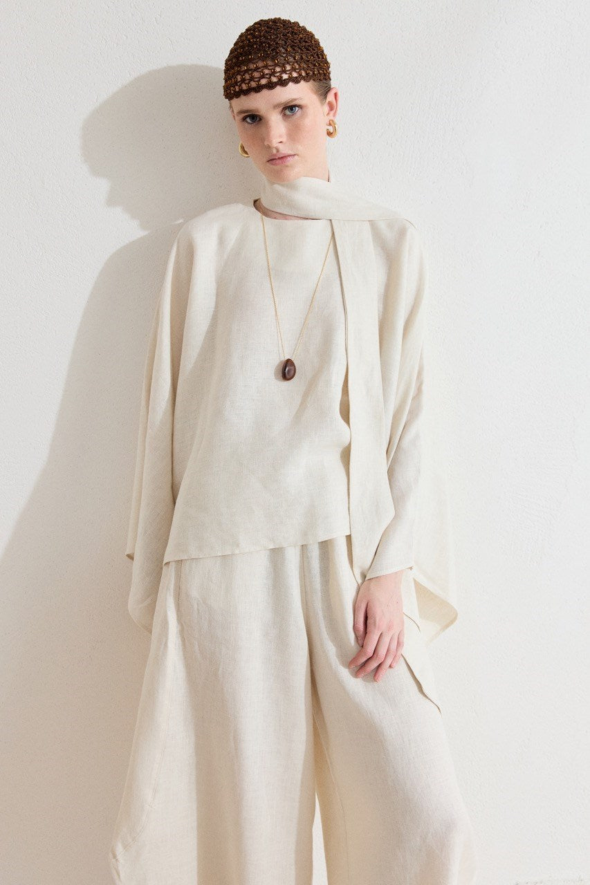 Relaxed Fit Linen Poncho Blouse with Wide Sleeves — Ekru
