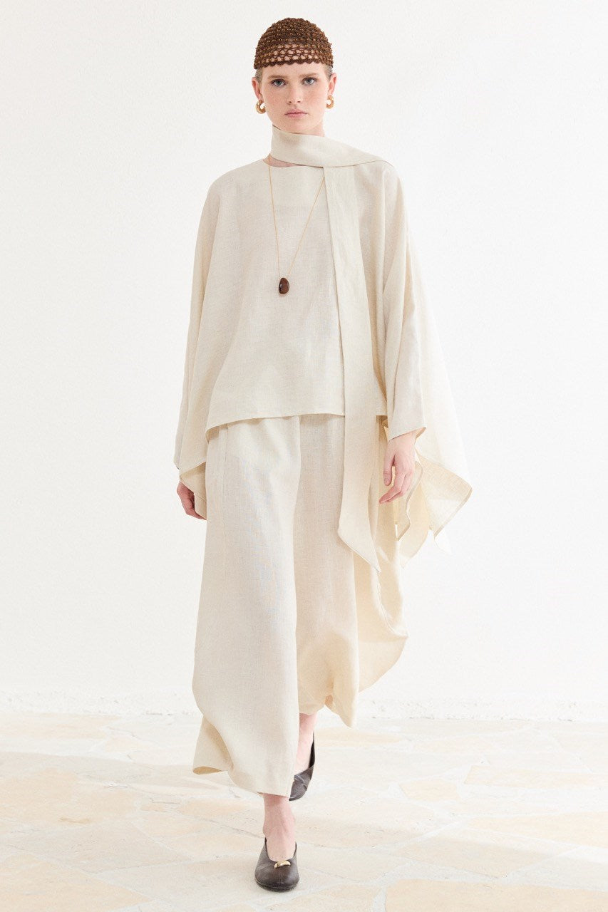 Relaxed Fit Linen Poncho Blouse with Wide Sleeves — Ekru
