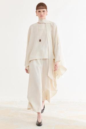 Relaxed Fit Linen Poncho Blouse with Wide Sleeves — Ekru