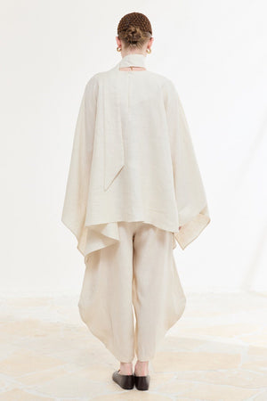 Relaxed Fit Linen Poncho Blouse with Wide Sleeves — Ekru