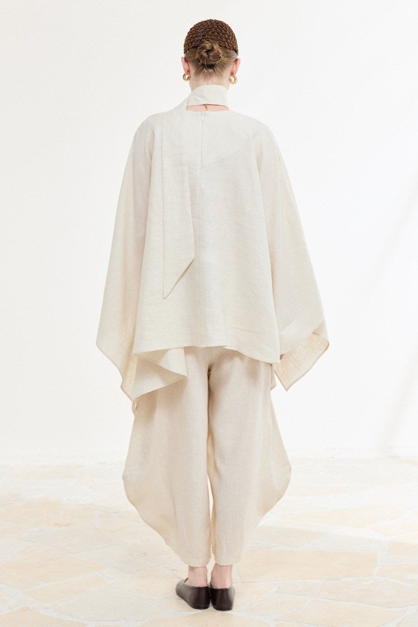 Relaxed Fit Linen Poncho Blouse with Wide Sleeves — Ekru