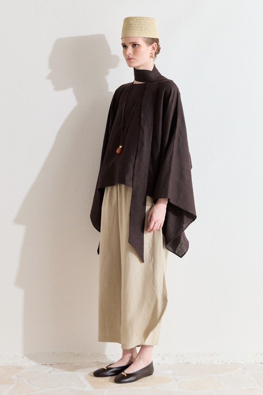 Relaxed Fit Linen Poncho Blouse with Wide Sleeves — Kahve