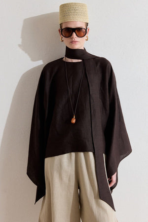 Relaxed Fit Linen Poncho Blouse with Wide Sleeves — Kahve