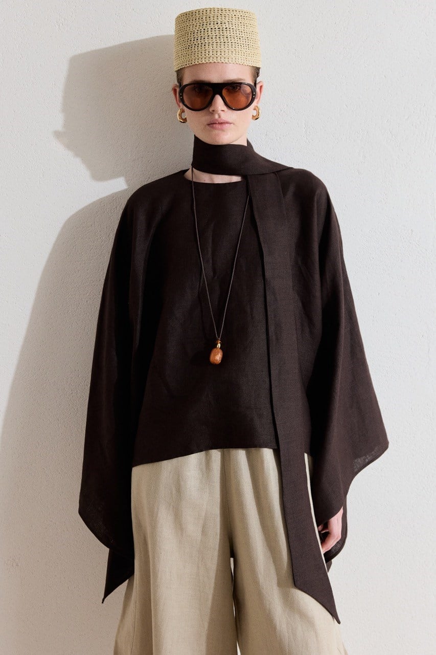 Relaxed Fit Linen Poncho Blouse with Wide Sleeves — Kahve