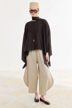 Relaxed Fit Linen Poncho Blouse with Wide Sleeves — Kahve
