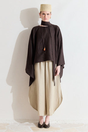 Relaxed Fit Linen Poncho Blouse with Wide Sleeves — Kahve