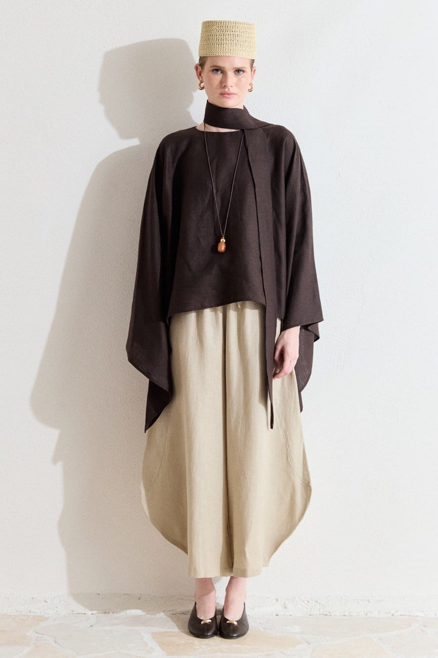 Relaxed Fit Linen Poncho Blouse with Wide Sleeves — Kahve