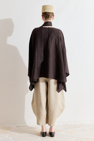 Relaxed Fit Linen Poncho Blouse with Wide Sleeves — Kahve