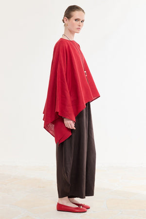 Relaxed Fit Linen Poncho Blouse with Wide Sleeves — Kırmızı