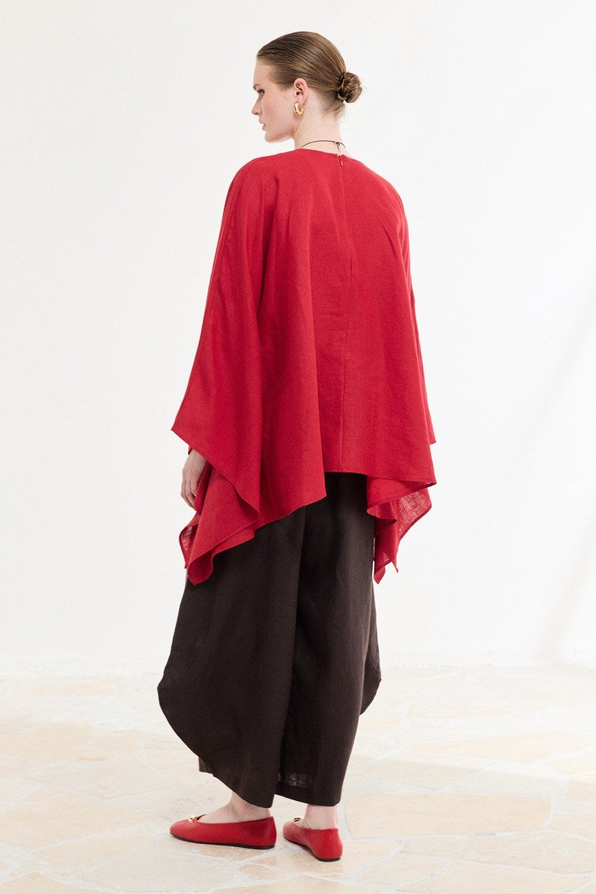 Relaxed Fit Linen Poncho Blouse with Wide Sleeves — Kırmızı