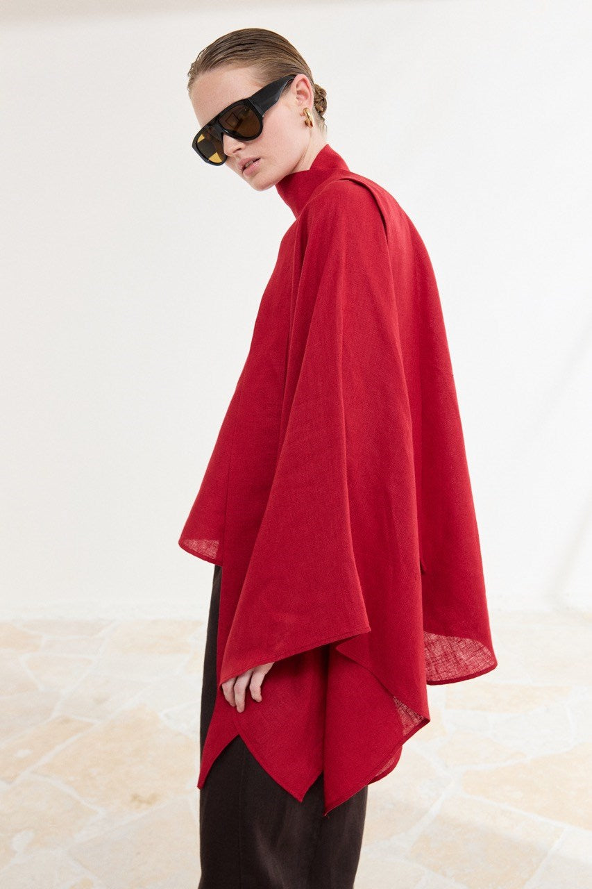 Relaxed Fit Linen Poncho Blouse with Wide Sleeves — Kırmızı
