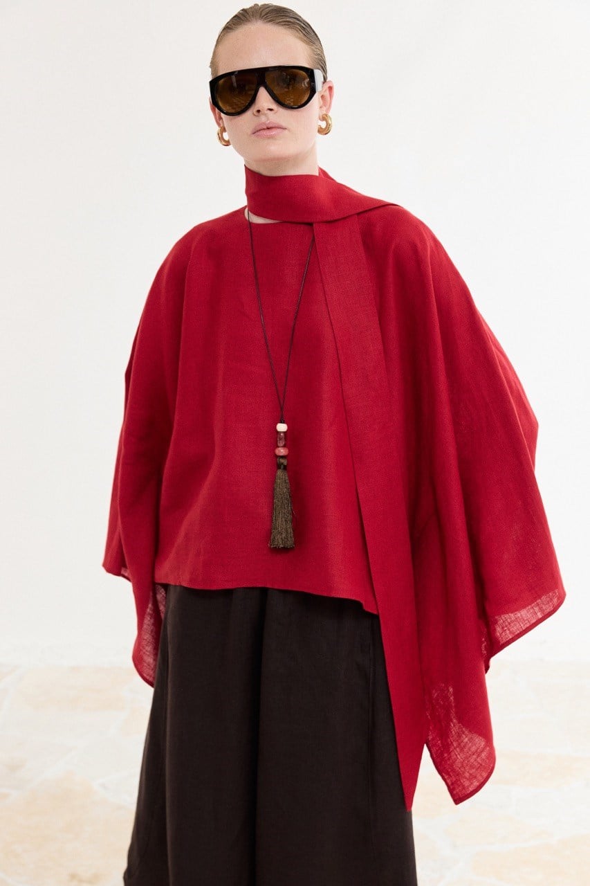 Relaxed Fit Linen Poncho Blouse with Wide Sleeves — Kırmızı