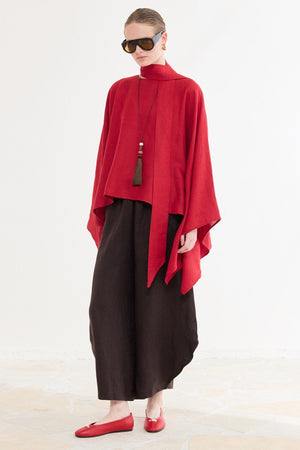 Relaxed Fit Linen Poncho Blouse with Wide Sleeves — Kırmızı