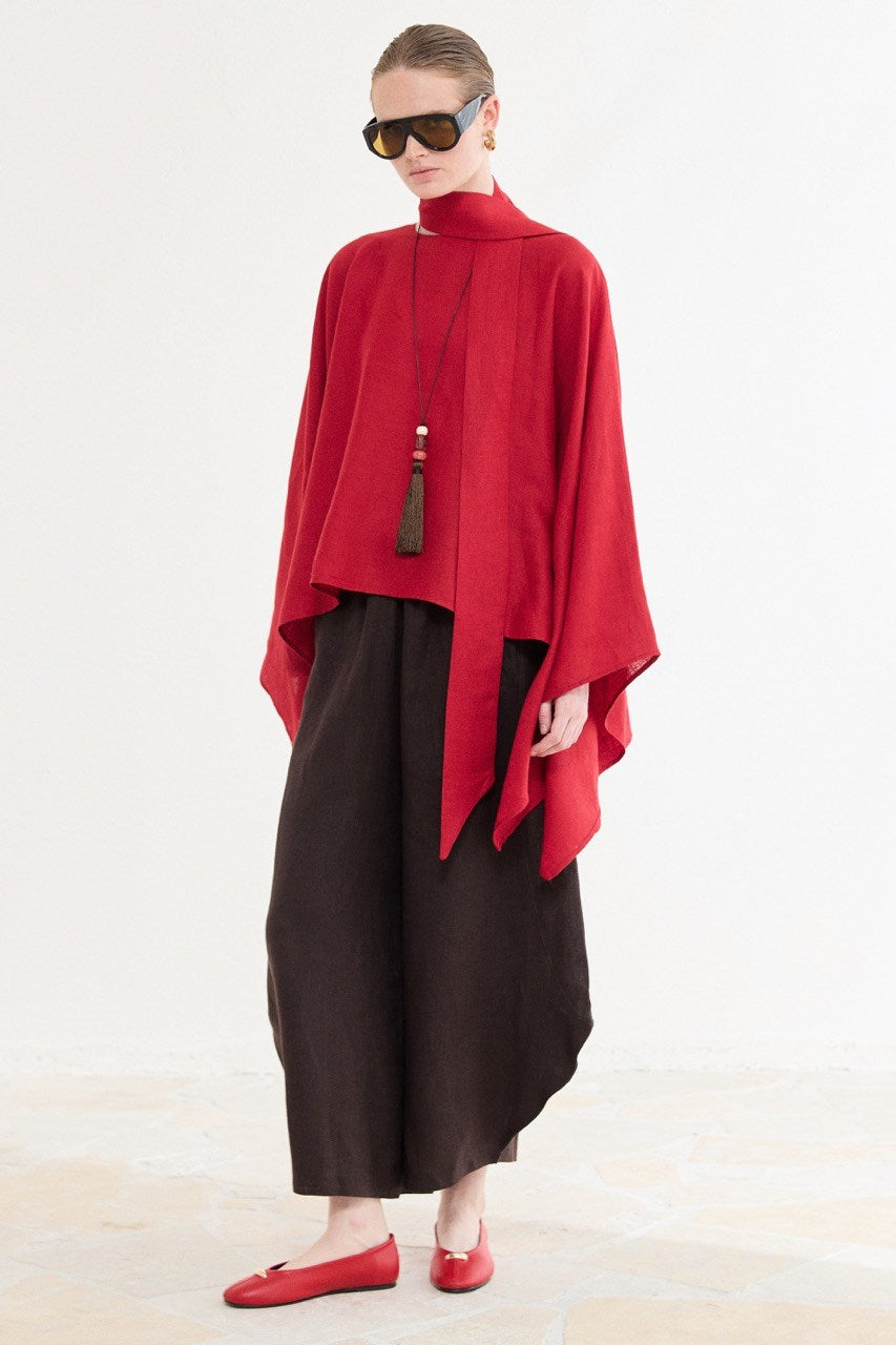Relaxed Fit Linen Poncho Blouse with Wide Sleeves — Kırmızı