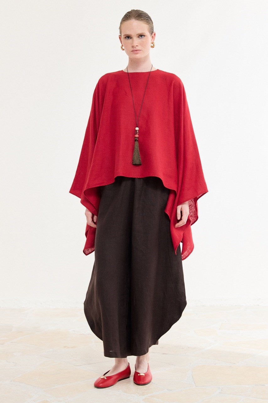 Relaxed Fit Linen Poncho Blouse with Wide Sleeves — Kırmızı