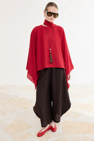Relaxed Fit Linen Poncho Blouse with Wide Sleeves — Kırmızı