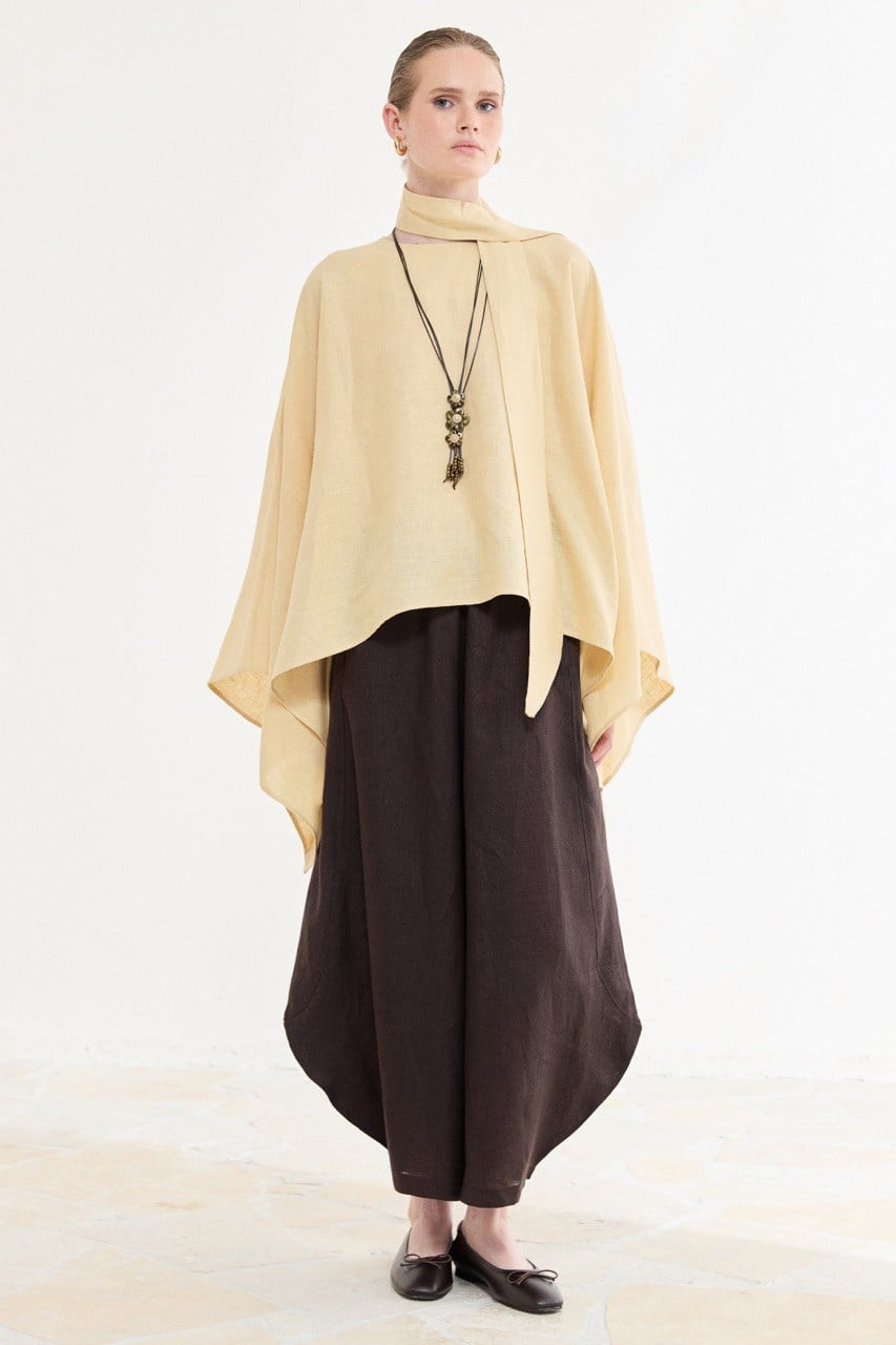 Relaxed Fit Linen Poncho Blouse with Wide Sleeves — Sarı
