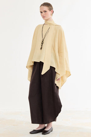 Relaxed Fit Linen Poncho Blouse with Wide Sleeves — Sarı