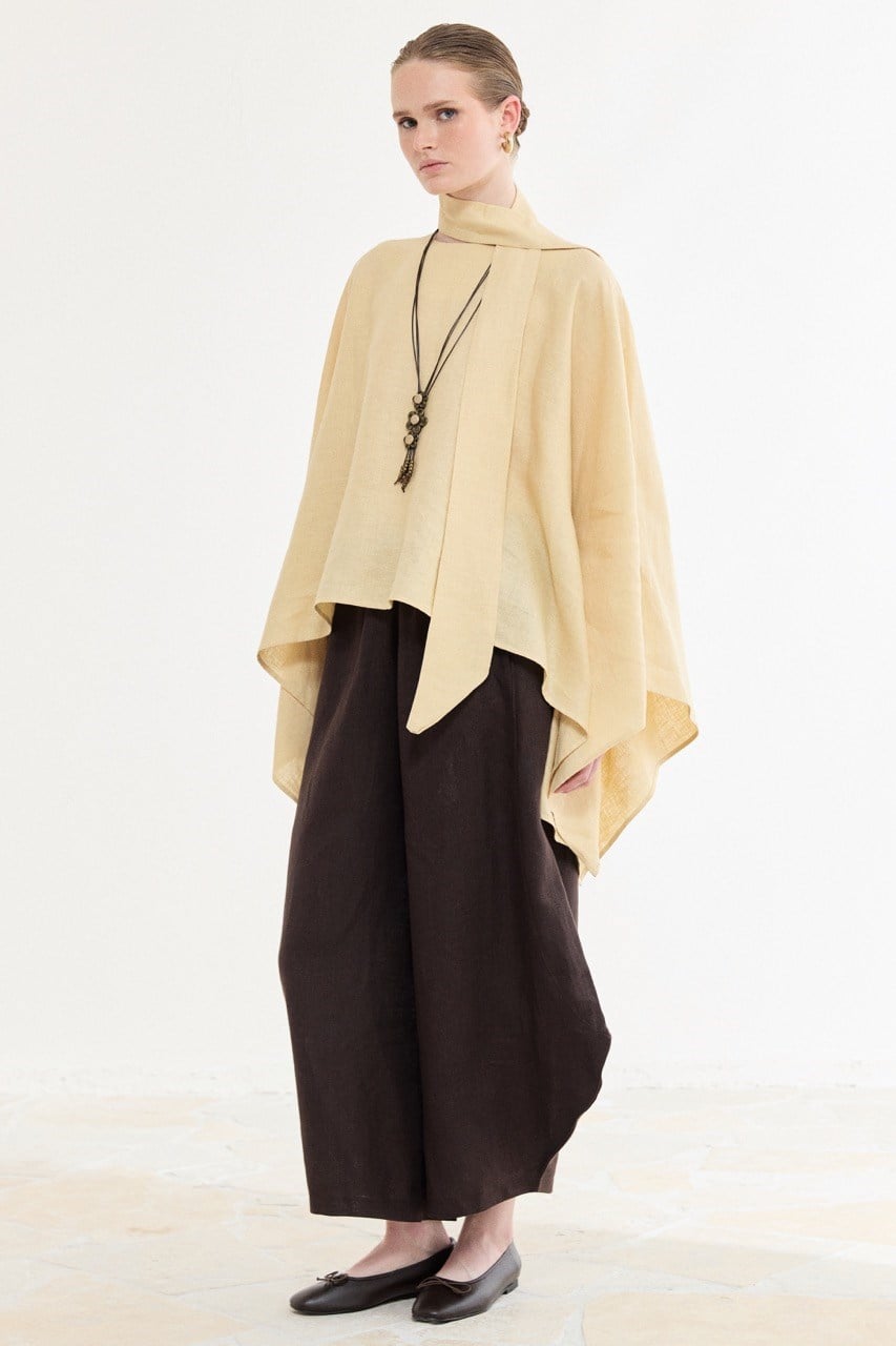 Relaxed Fit Linen Poncho Blouse with Wide Sleeves — Sarı