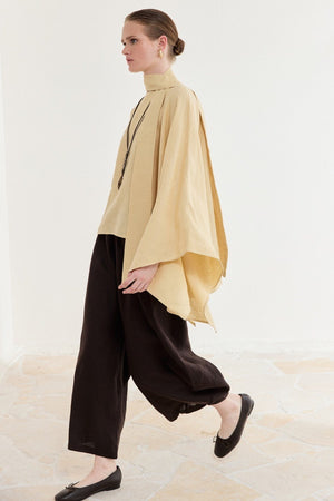 Relaxed Fit Linen Poncho Blouse with Wide Sleeves — Sarı