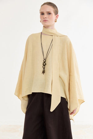 Relaxed Fit Linen Poncho Blouse with Wide Sleeves — Sarı