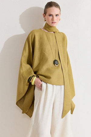 Relaxed Fit Linen Poncho Blouse with Wide Sleeves — Yağ Yeşili