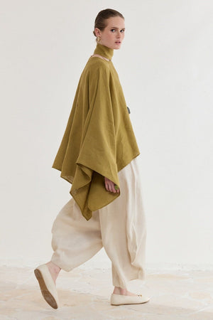 Relaxed Fit Linen Poncho Blouse with Wide Sleeves — Yağ Yeşili