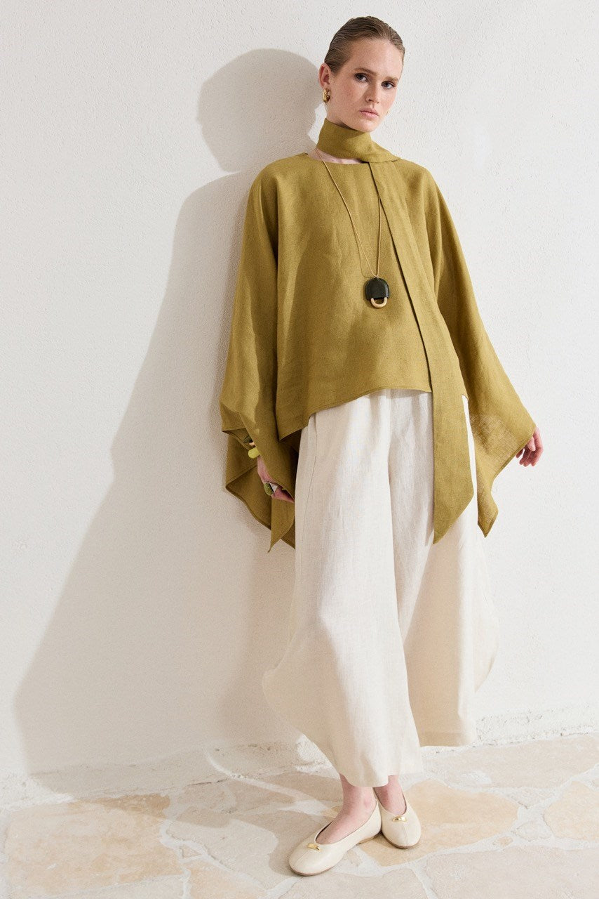 Relaxed Fit Linen Poncho Blouse with Wide Sleeves — Yağ Yeşili