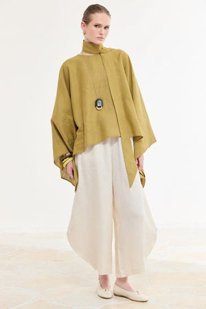 Relaxed Fit Linen Poncho Blouse with Wide Sleeves — Yağ Yeşili
