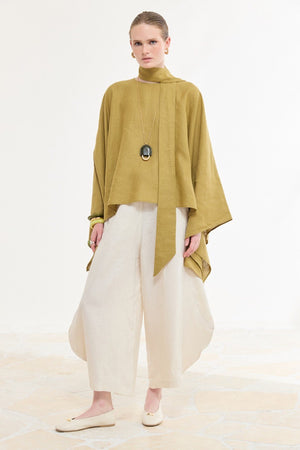 Relaxed Fit Linen Poncho Blouse with Wide Sleeves — Yağ Yeşili