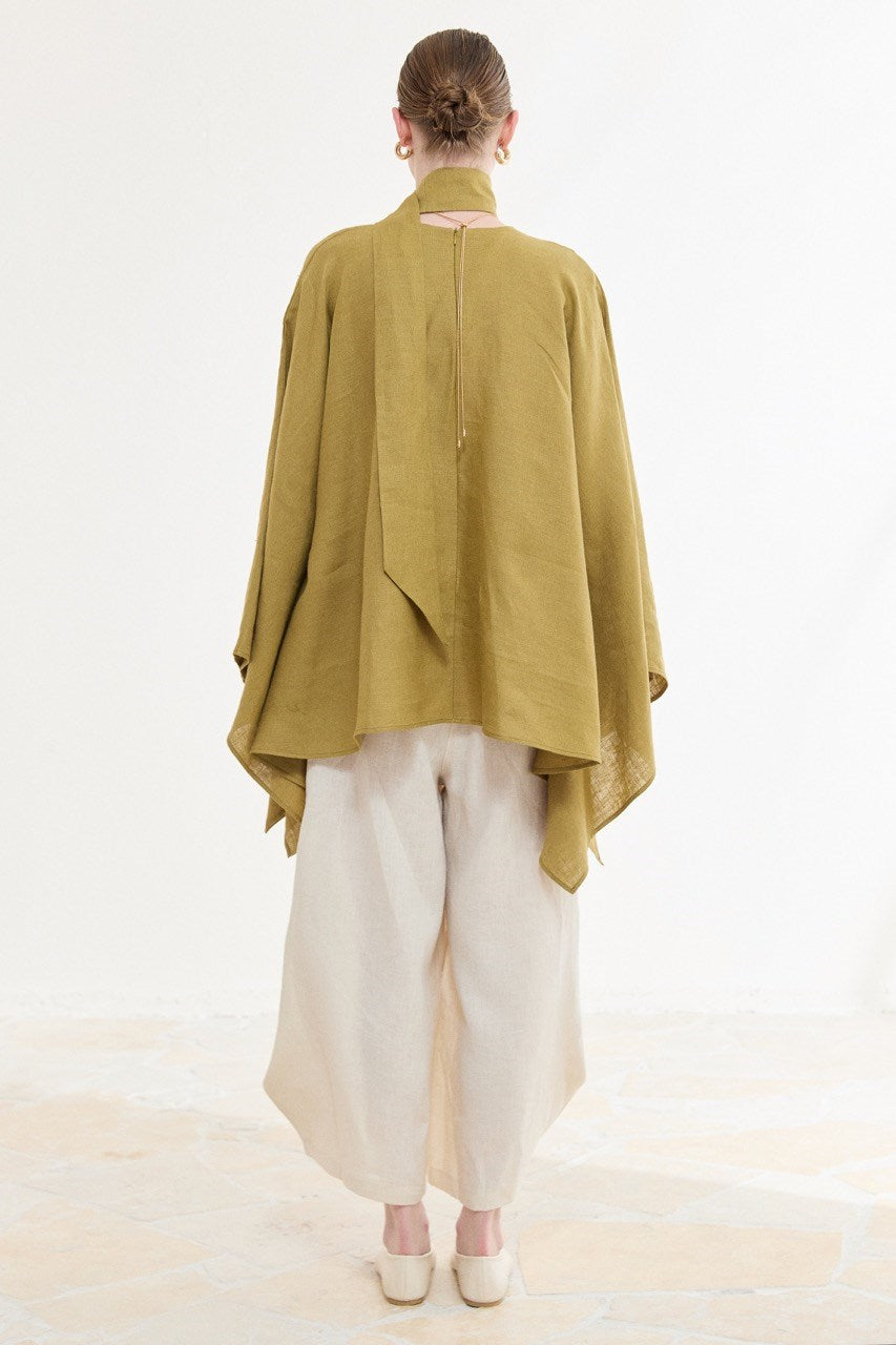 Relaxed Fit Linen Poncho Blouse with Wide Sleeves — Yağ Yeşili