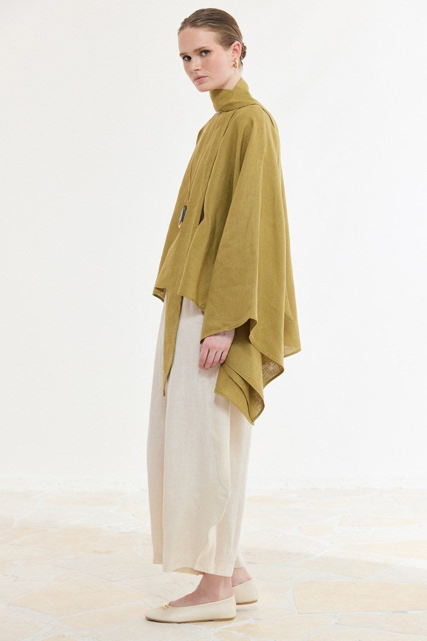 Relaxed Fit Linen Poncho Blouse with Wide Sleeves — Yağ Yeşili