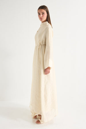 High Neck Maxi Dress with Self-Tie Belt and Bell Sleeves — Bej