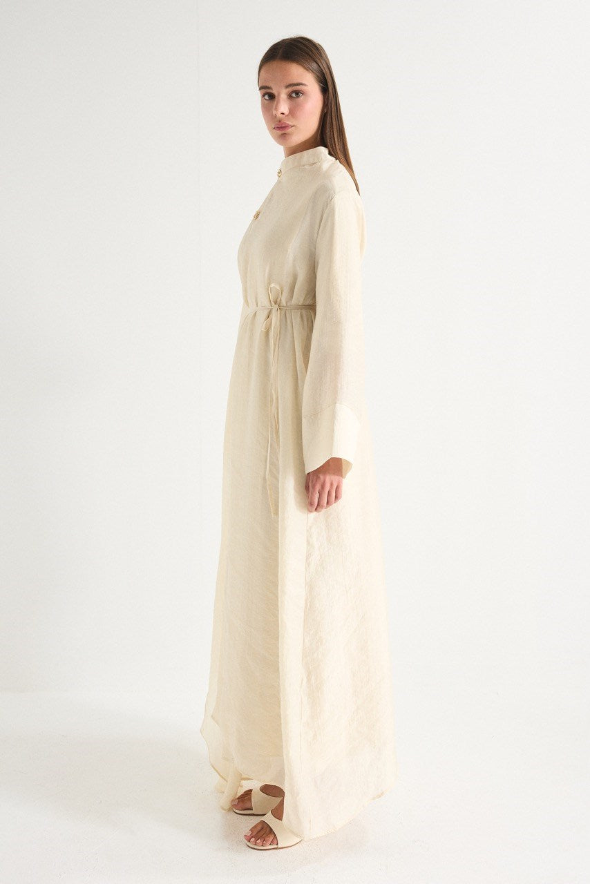 High Neck Maxi Dress with Self-Tie Belt and Bell Sleeves — Bej